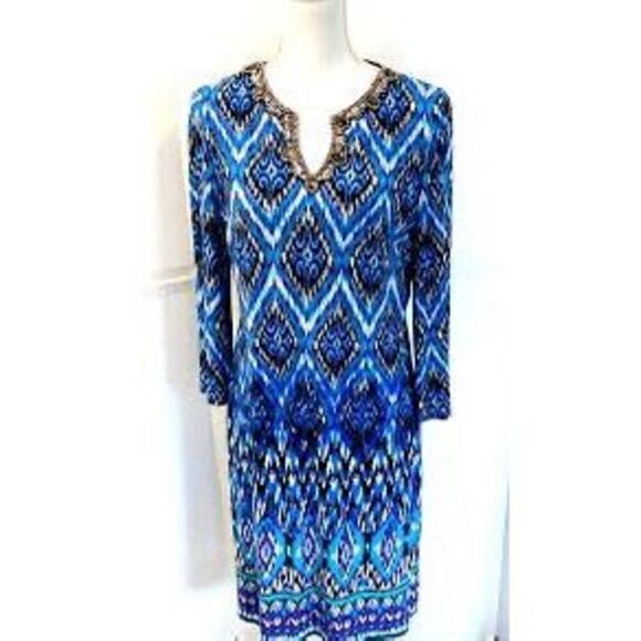 Chicos Women's M Beaded Neck Shift Dress Blue Purple Ikat Geometric Print Bold - Picture 1 of 8